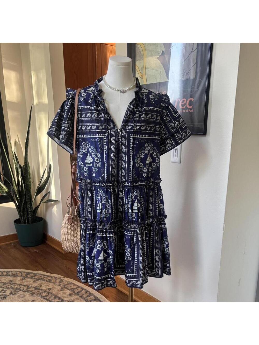 Hunter Bell Navy Bandana Patchwork Sailboat Mini Dress Coastal S